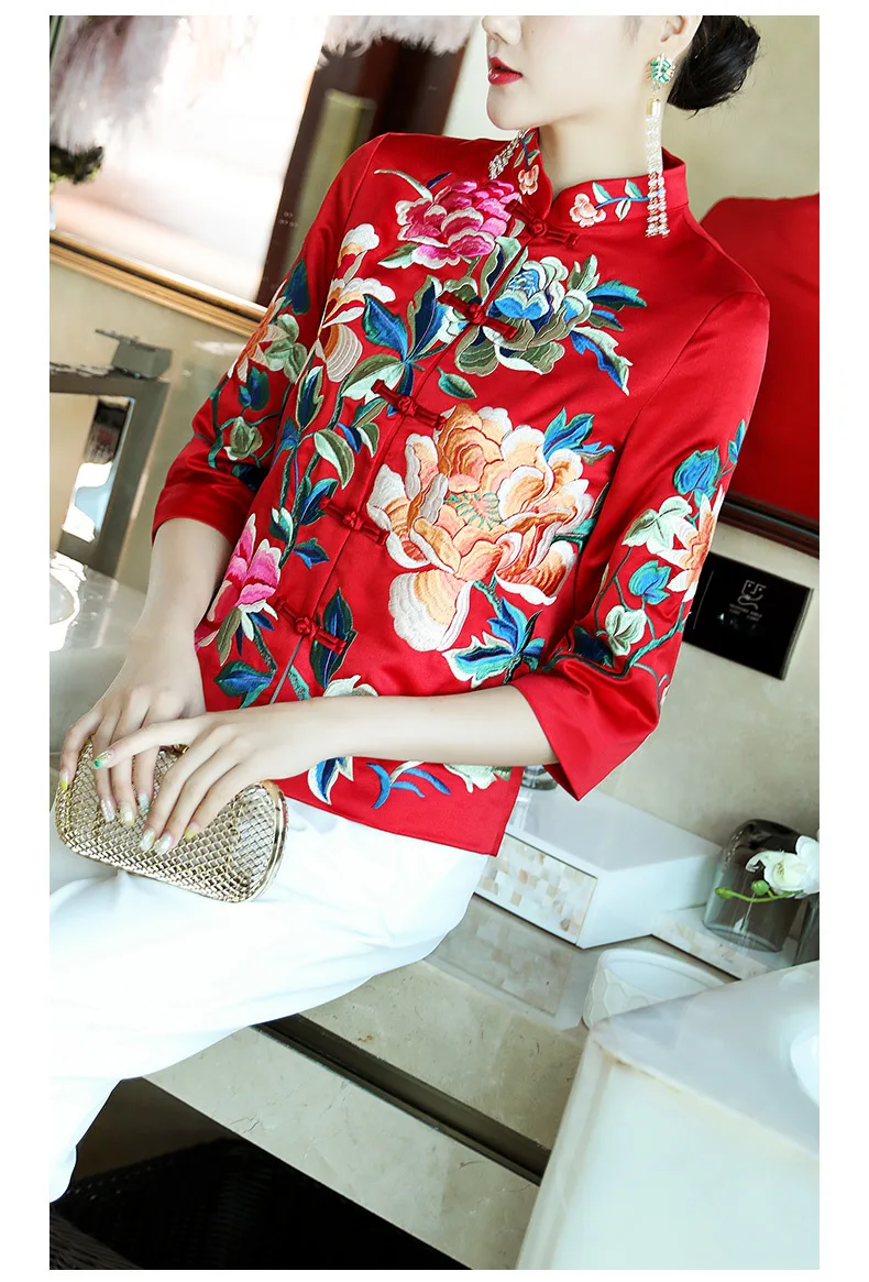 Весна-осень, женские куртки, 3xl, 4xl,, Женское пальто, белое, красное, с длинным рукавом, в китайском стиле, одежда с вышивкой, куртка для женщин