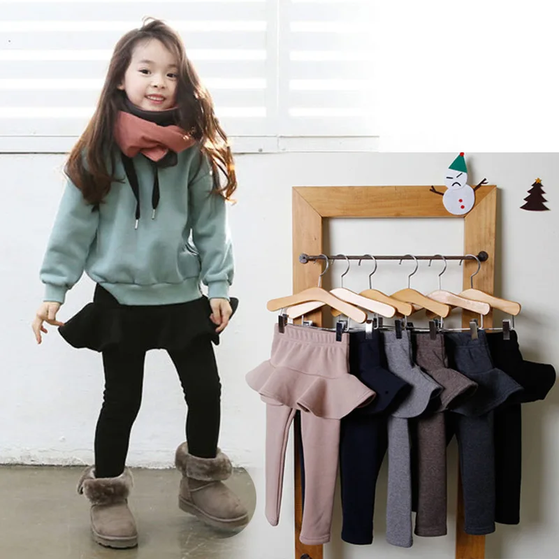 Korean-style Childrenswear Winter Style Girls' Trousers Brushed And Thick Leggings High-waisted Children Mock Two-Piece Culottes