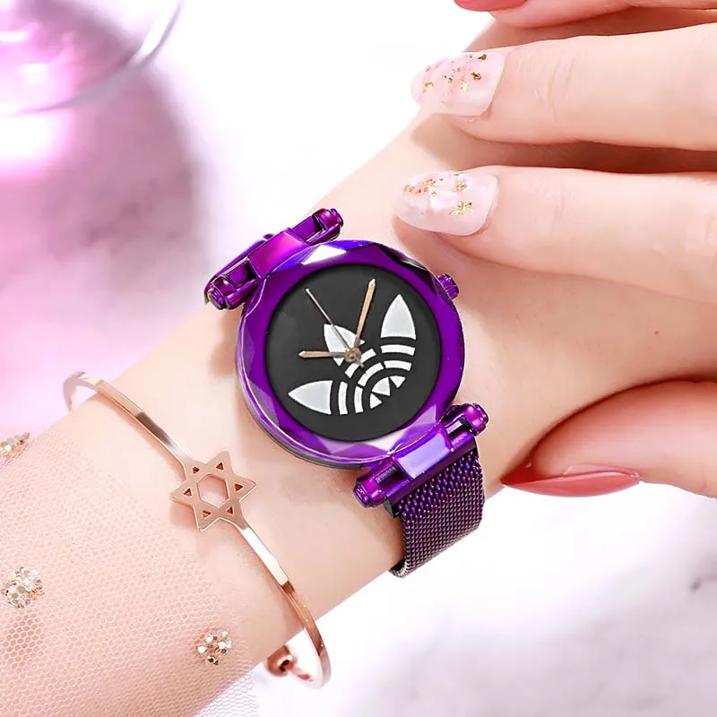 Роскошные женские часы из розового золота, модные женские часы со стразами, звездное небо, магнитные часы, водонепроницаемые женские наручные часы для подарка, часы - Цвет: Purple black