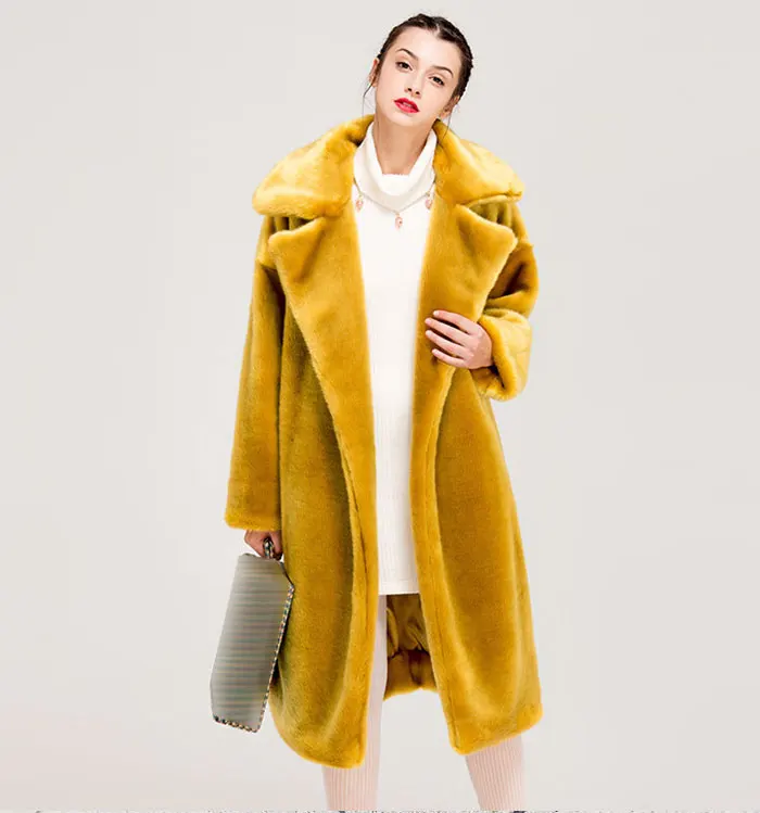 Зимнее женское высококачественное пальто из искусственного кроличьего меха, роскошное длинное меховое пальто, Свободное пальто с отворотом, толстое теплое женское плюшевое пальто больших размеров