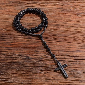 Matte Black Onyx Beaded Catholic Christian Rosary Necklace Cross Pendant Men and Women Meditation Mala Jewelry 1