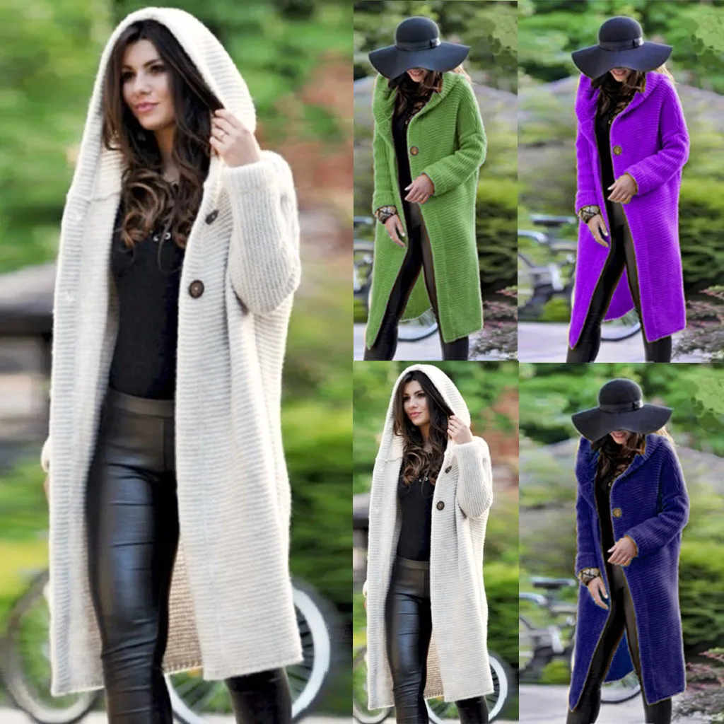 Новинка, зимнее женское пальто свободного размера плюс, длинный кардиган с капюшоном, свитер, верхняя одежда, пальто на пуговицах спереди