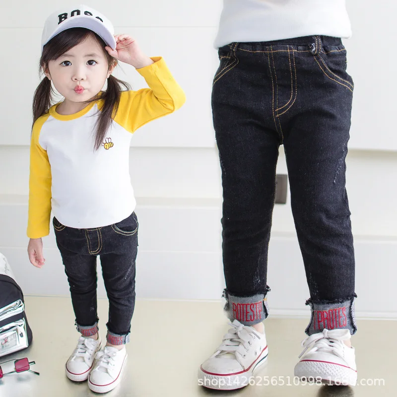 

2019 New Style GIRL'S Jeans Trend Fashion Sweet Cute Lettered Pattern Handsome Solid Black Jeans