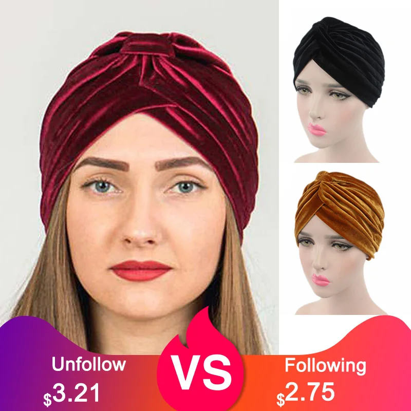 Women's Muslim Velvet Turban Head Scarf Hijab Caps Beanie Hats Cover Bandanas 