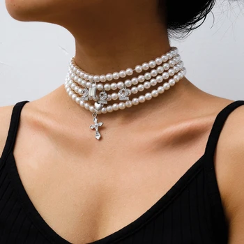 

Retro Gothic Necklace Female Cross Lock Heart Digital Pendant Analog Pearl Multilayer Chain Fashion Jewelry Choker Necklaces
