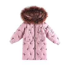 Новая модная зимняя куртка для девочек детские теплые пальто подростковые плотные парки детская верхняя одежда с меховым воротником зимняя одежда с рисунком крана