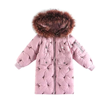 

2019 New Fashion Girls winter Jacket Children Warm Coats Teenage Thick Parkas Kids Fur Collar Outerwear Cartoon Crane Snowwear