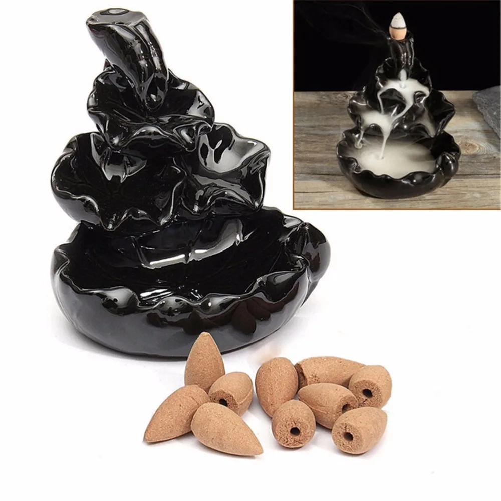 Retro Porcelain Backflow Ceramic Cone Incense Burner Holder Buddhist Home Decoration Aromatherapy + 10 Incense Cones On Sale