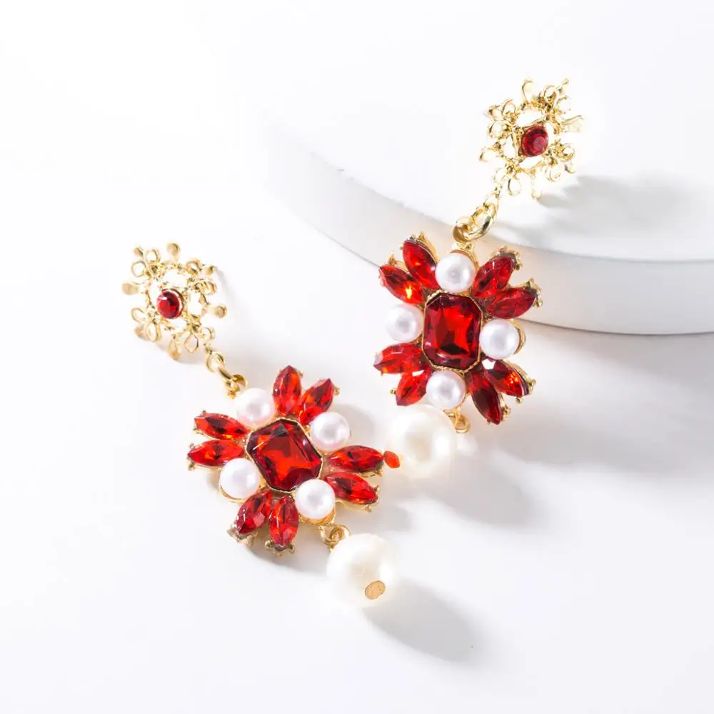 

Fashion Red Blue Flower Pendant Earring Rhinestone Acrylic Pearl Metal Statement Drop Earrings For Women Female Party Jewelry