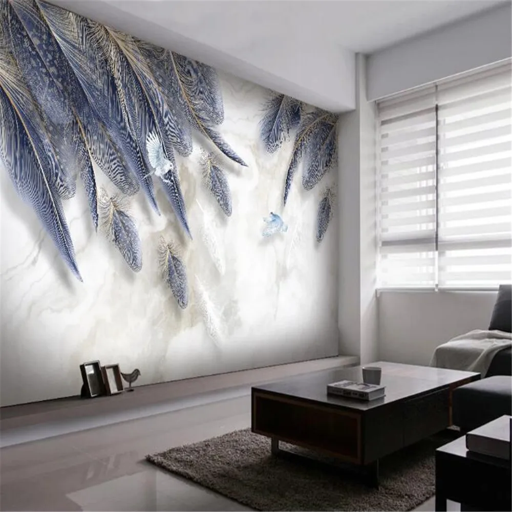 

Milofi3D wallpaper mural modern minimalist high-definition hand-painted light luxury blue feather marble background wall