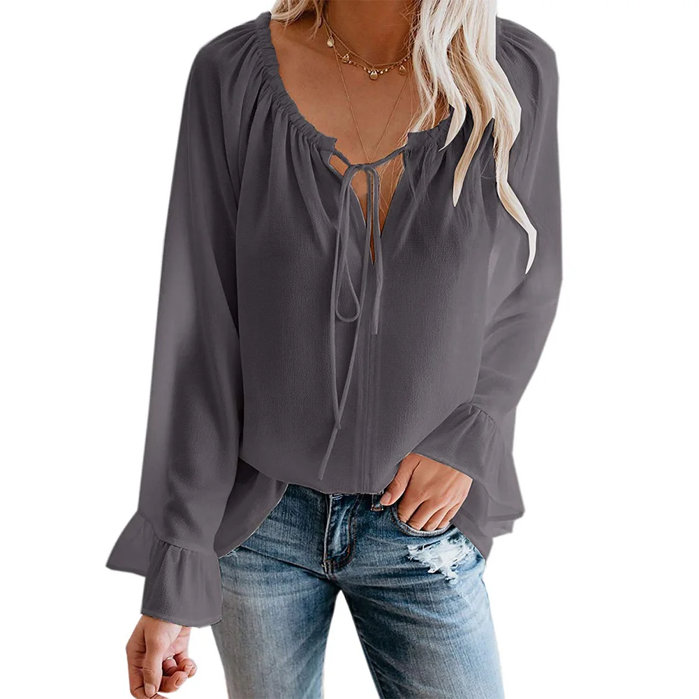 

Flare Sleeve Daily Gift Casual Bow Knot Fashion Charming Slim Boat Neck Women T Shirt Solid Summer Lace Up Long