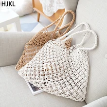 Женская плетеная солома сумка Портативная хлопковая веревка рыболовная Праздничная Женская пляжная хозяйственная сумка сетка красный белый Новая мода
