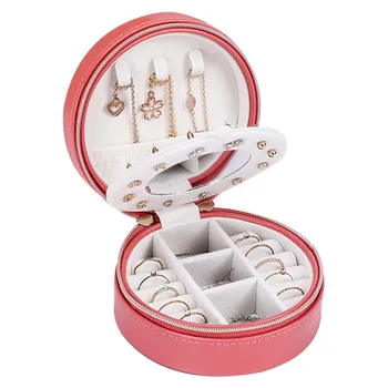 

Necklace Ring Lipsticks Container Jewelry Box Display Zipper PU Leather With Mirror Round Wedding Portable Travel Gifts Storage