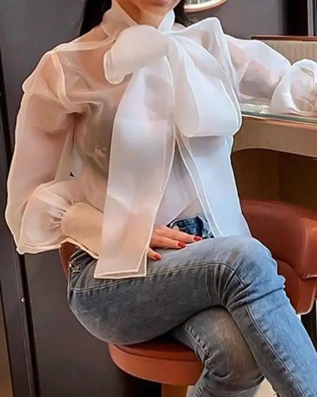 

Sweet Women Blouse Sheer Tee Casual See-through Sheer Mesh Puff Sleeve Blouse Slim Club Tops