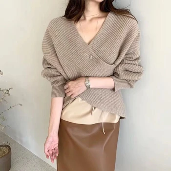 

Sexy Sweaters Aesthetic 2020 Fashion Designer Knitted Top Linen Fall Khaki Blue korean Style V-Neck Criss-Cross Solid Thin Soft