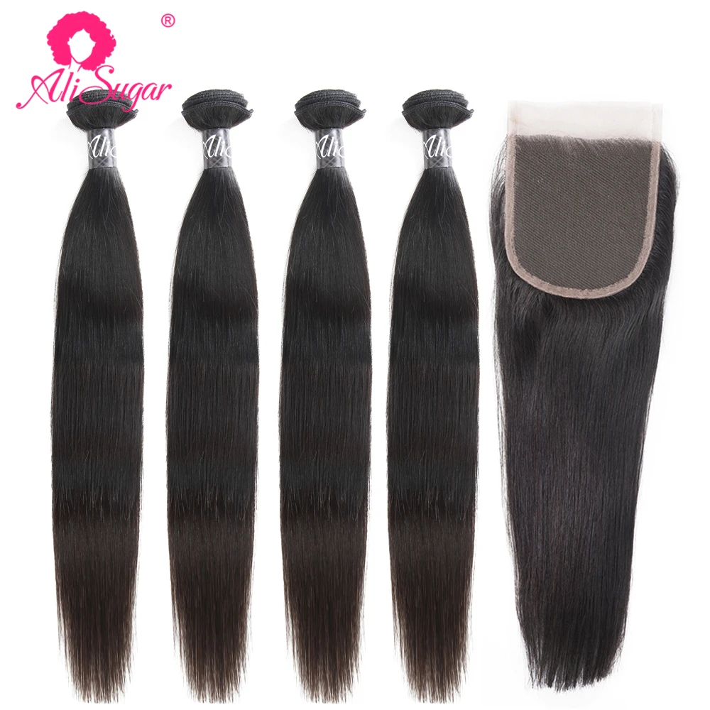 

Ali Sugar Virgin Hair Brazilian Straight 4 Bundles With Closure 4*4 Lace Natural Color 100% Raw Human Hair Extensions