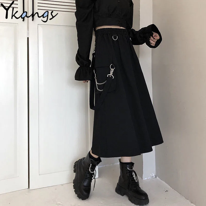 Chain Side Ring Pocket Midi Long Black Skirt High Waist Loose A Line Cargo Skiets Korean Hip Hop