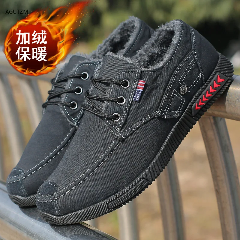 

New canvas shoes deodorant breathable Keep warm velvet men's shoes non-slip male students tie casual shoes men Flat Loafers z317