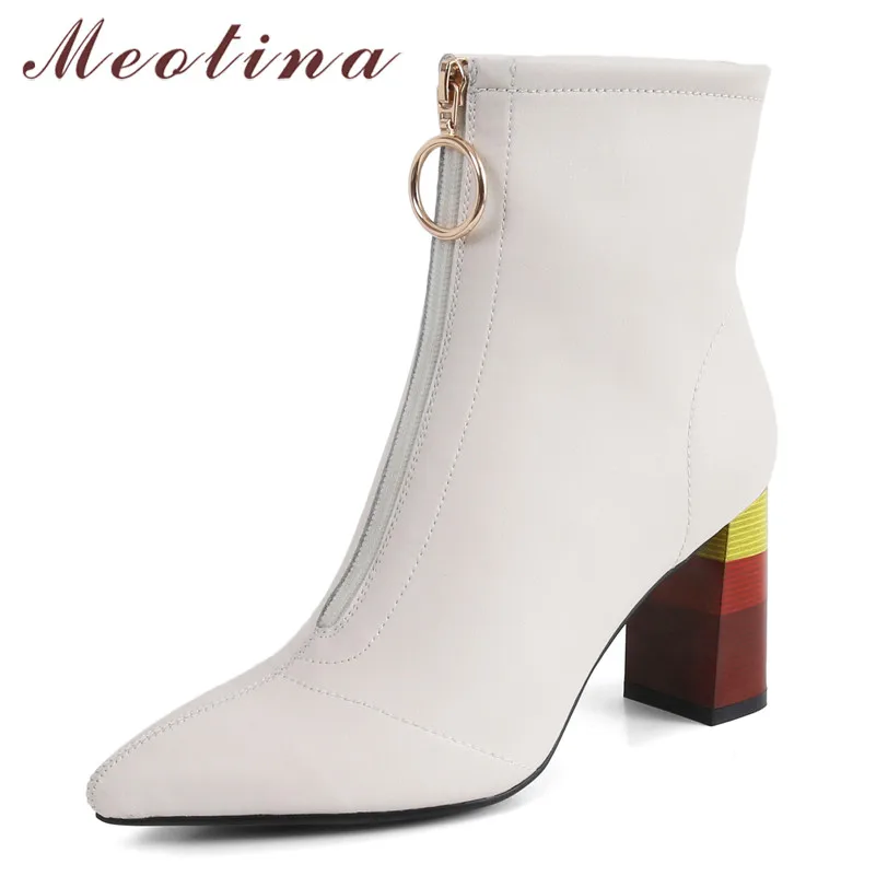 

Meotina Winter Ankle Boots Women Natural Genuine Leather Block High Heel Boots Zipper Pointed Toe Shoes Female Autumn Size 34-39