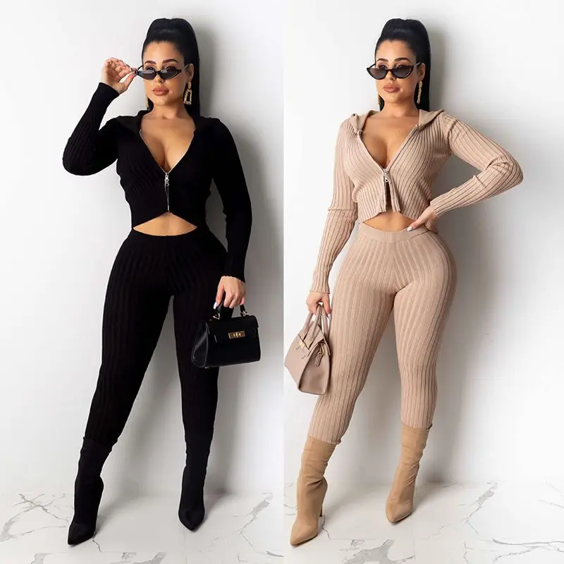 HAOYUAN Sexy Knitted Two Piece Set Tracksuit Women Fall Winter Clothing Crop Top and Pants Matching Suit 2 Piece Club Outfits