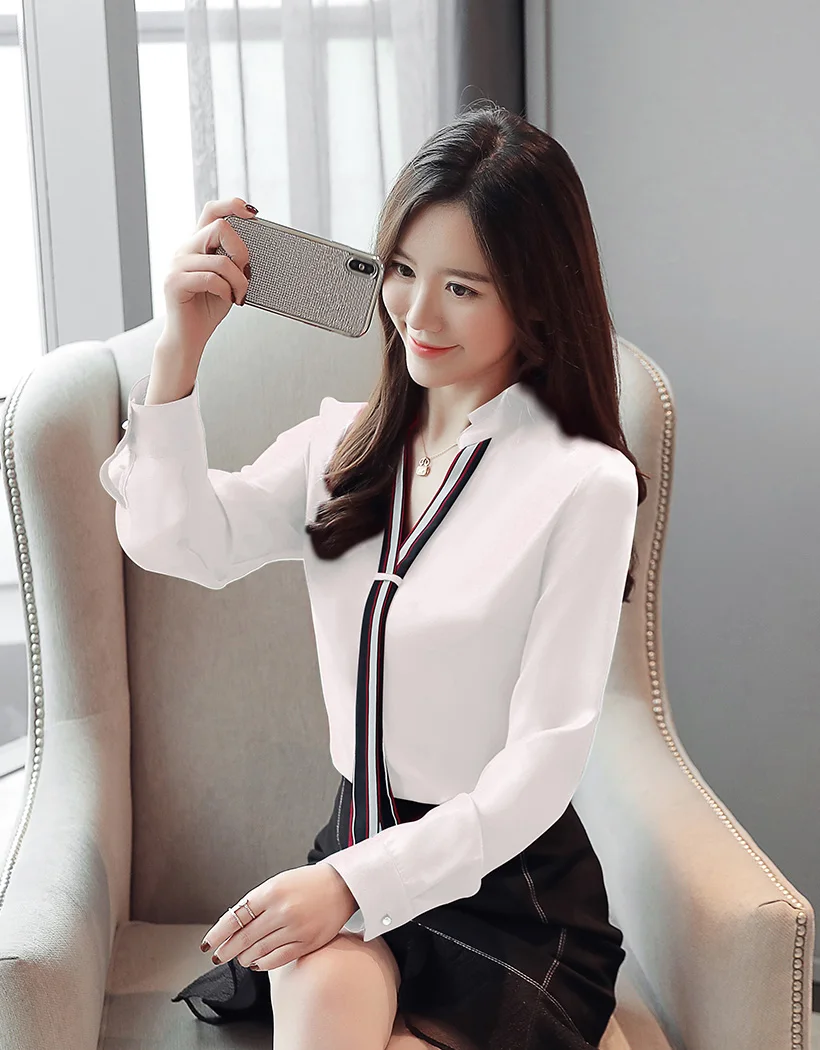 Blusas mujer de moda, осенняя модная блузка из шифона с длинными рукавами, Повседневная шифоновая рубашка с v-образным вырезом и длинными рукавами, офисные женские блузы