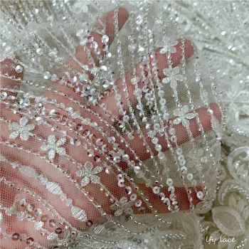 

2020 Fashion Beaded lace Sequins bridal lace fabric tulle lace fashion wedding dress ivory fabric 130cm width
