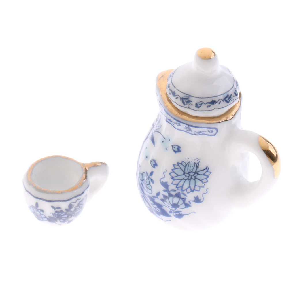 Classic 1/12 Dollhouse Miniature Blue Flower Ceramic Chinese Tea Set Coffee Wine Set Tableware Accessories Decor