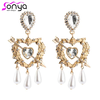 

Creative One Arrow Penetrating Love Heart Rhinestone Earrings Fashion Jewelry Imitation Pearl Tassel Earrings ET1429