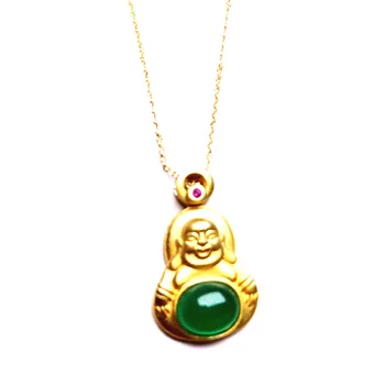 

Koraba Vintage Matte Gold Buddha 925 Silver Pendant Natural Green Jade Necklace