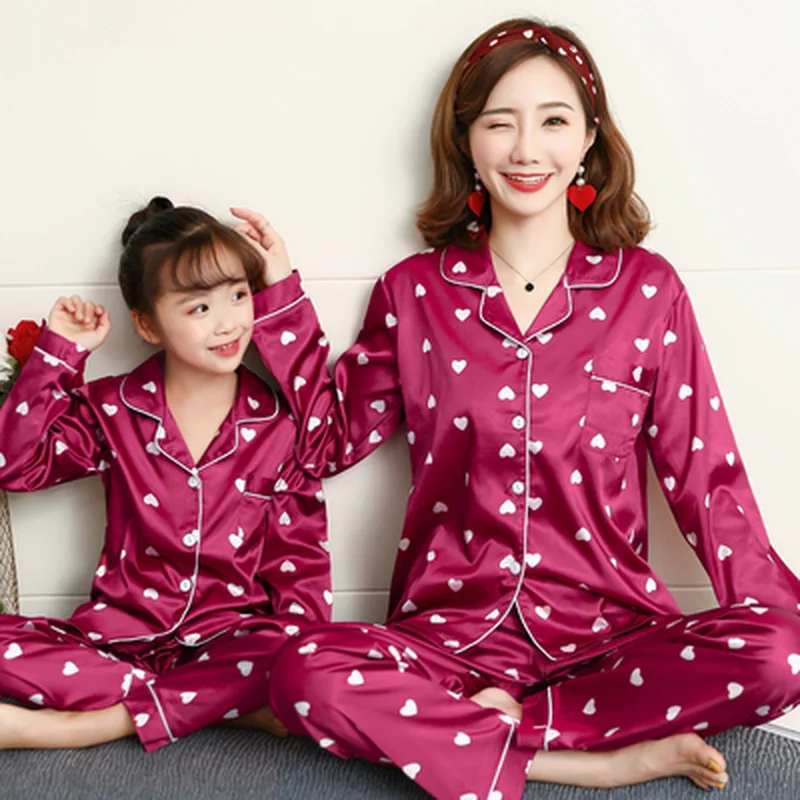 Family Matching Pajamas Outfits Nightwear Sleepwear Girls Cartoon Satin Autumn Silk Set
