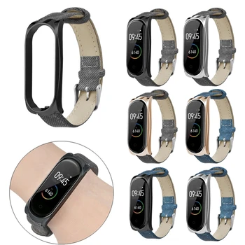 

For Xiaomi Mi Band 4 Xiaomi Mi Band 3 Strap Buckle Metal Shell Watchband Retro Style Denim Pattern Leather Band For Mi Band 4 3