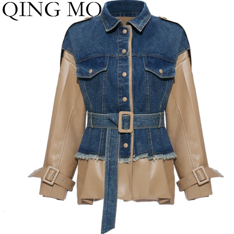 

QING MO Winter Women Denim Coat 2019 Women PU Patchwork Coat With Adjustable Waist Women Personality Windbreaker Coat ZQY2258