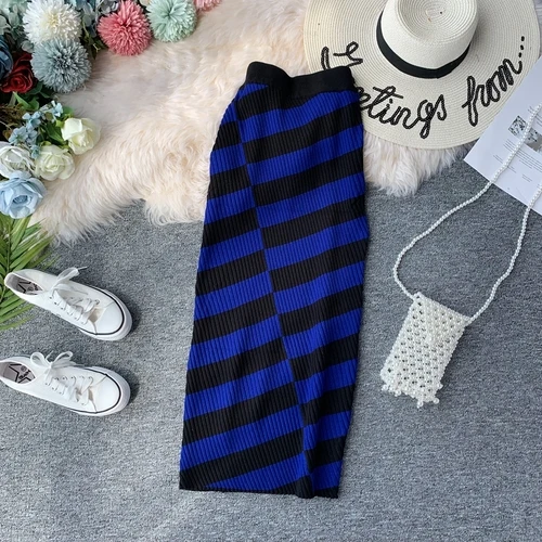Dark Blue Коробов в Корейском стиле модного цвета, в стиле пэчворк в полоску, с высокой талией юбка в стиле ретро с облегающим вязаным растягивающееся А-линейное Облегающая Юбка Faldas Mujer 78829 - Цвет: Dark Blue