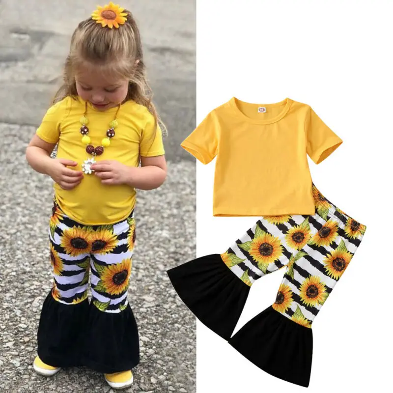 

2020 Summer Boho Kids Baby Girl Clothes 1-5Y Short Sleeve Tops Solid Tee+Striped Flared Sunflower Pants Outfits Holiday Kids Set
