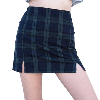 

2020 Streetwear Slim Tartan Green harajuku plaid skirts womens High Waist Split Short Skirt Sexy Women A-line Mini Skirt za XN