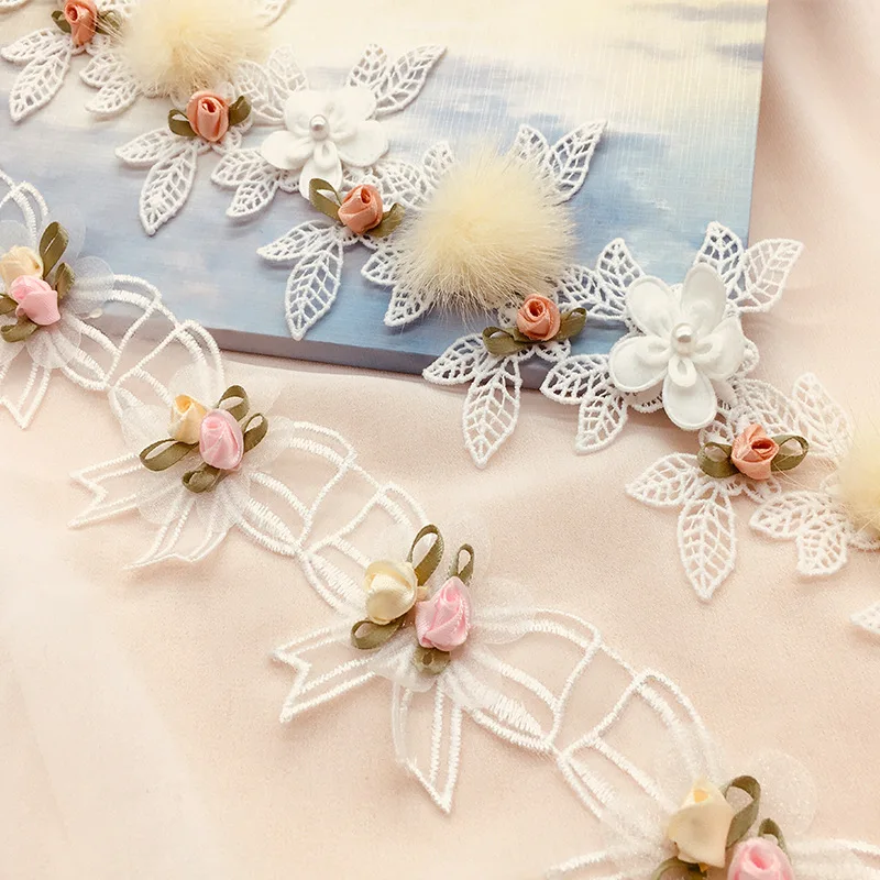 

Кружевные ткани с 3D цветами и бантом, детская одежда «сделай сам», аксессуары для свадебной одежды