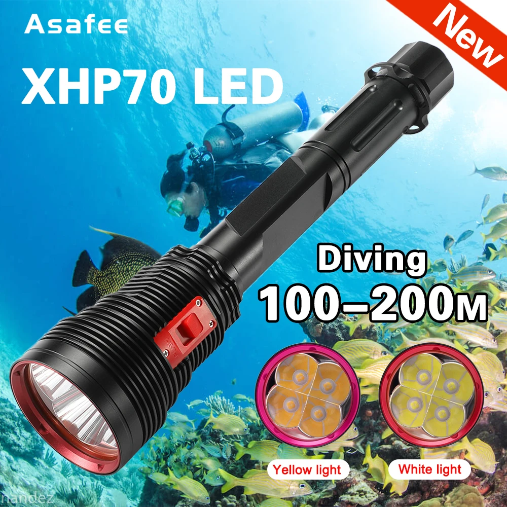 Super Bright 4x XHP70.2 Diving Flashlight IPX8 Scuba Lights 200M Underwater LED Torch Submersible lamp for Under Water Sports