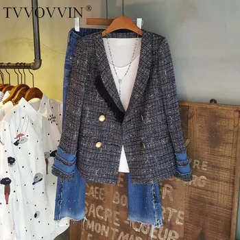 

TVVOVVIN 2019 Autumn Quality Small Real Patchwork Sleeve Lattice Suit Leisure Time Tassels Loose Coat Woman ZX365