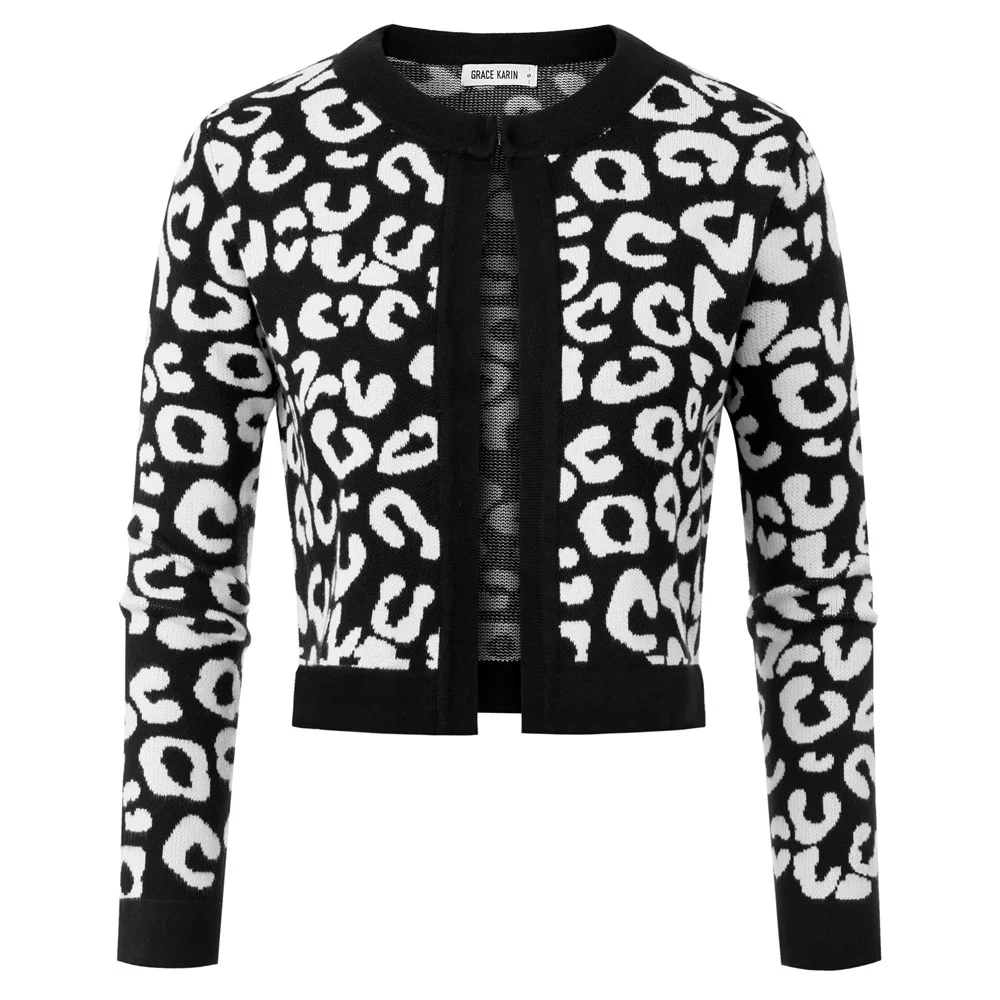 

Women knitwear Leopard Pattern Knitwear Knitted Cardigan 3/4 Sleeve Crew Neck sweater front open