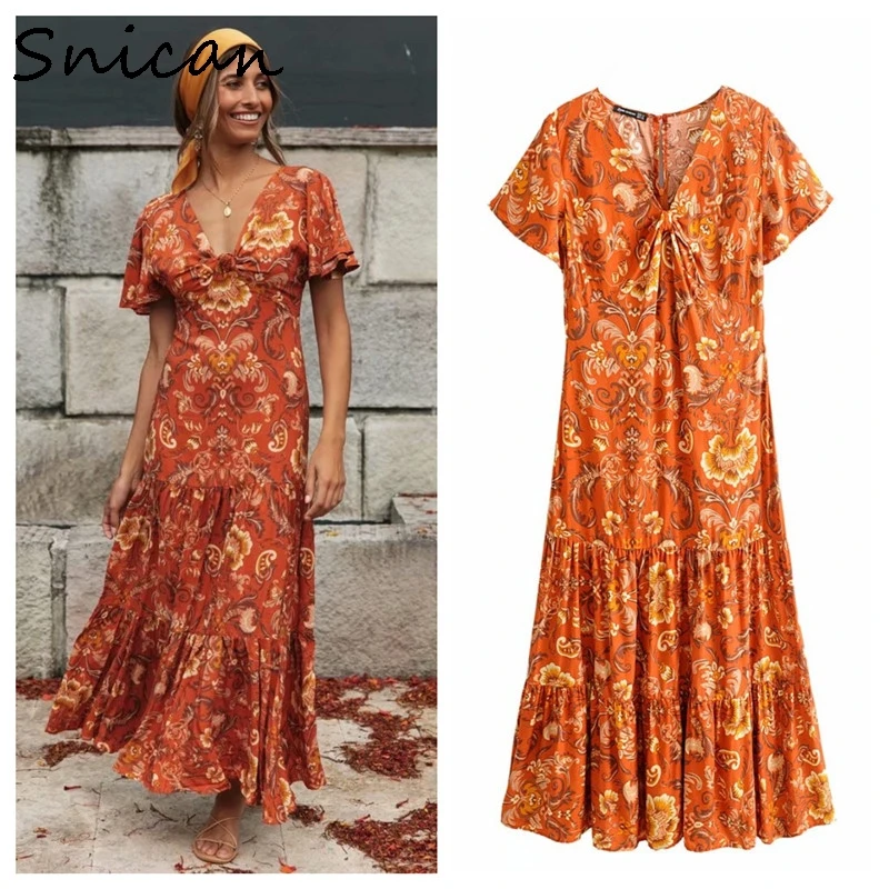 Long Dress Women orange Boho Floral Print Gypsy Ethnic Ladies Vintage