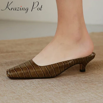 

Krazing pot solid genuine leather square toe med heels slip on mules European simple design cozy summer shallow women pumps L03