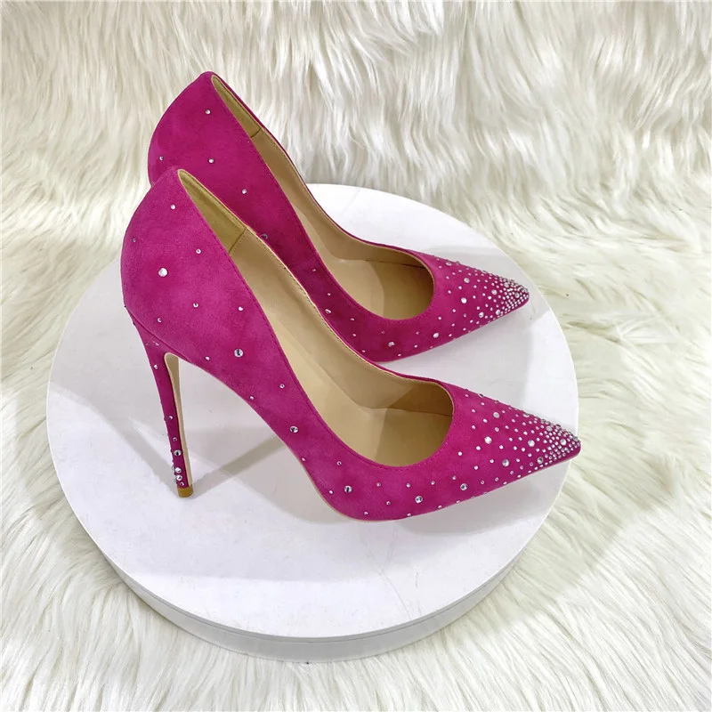 Ke Shang Jia Rose Pink Flock Women Rhinestones Pointed Toe Stiletto Pumps Elegant Suede High Heel Wedding Party Shoes Size 33-46