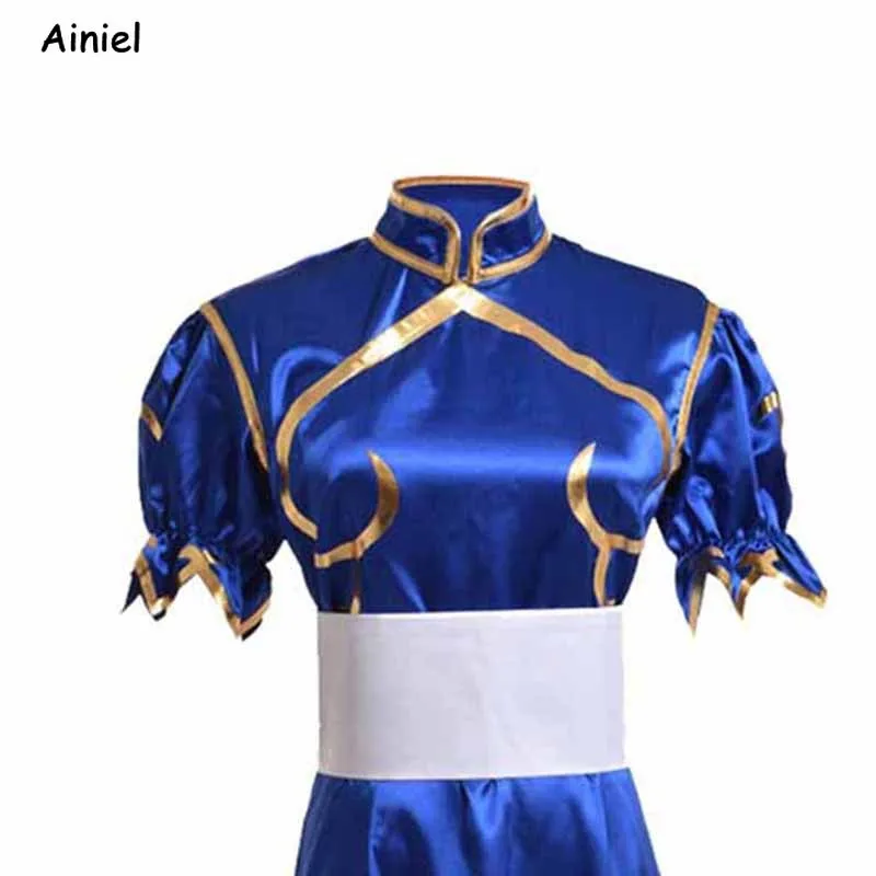 Игры Chun Li голубой костюм для косплея сексуальный Cheongsam Sutorito Faita платье пояс головные уборы костюмы на Хэллоуин платье для женщин девочек