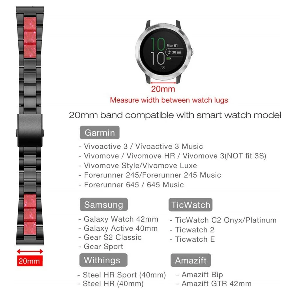 20 мм ремешок для Galaxy Watch Active 2 полосы/Ticwatch E/huawei часы 2/Garmin Vivoactive 3 браслет из нержавеющей стали
