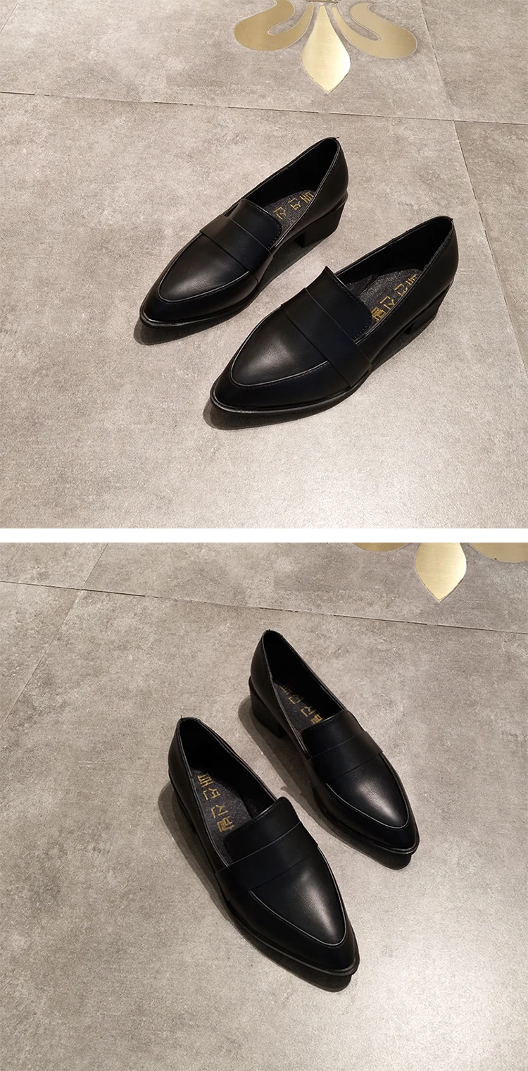 Pointed toe metal decoration flats slip on casual thick heels women shoes solid leather brief loafers college students moccasins