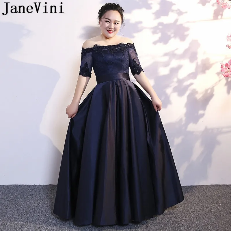 

JaneVini Elegant Navy Blue Long Mother of the Bride Dresses Plus Size Beaded Lace Half Sleeve A Line Women Dinner Party Gowns