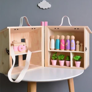 Wooden Pretend Play Doll House Toy Playset Portable Dollhouse Toddler Girls Kids' Toy with Family P