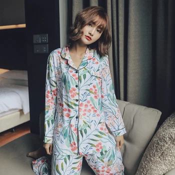 

Silk pajamas Sanderala Sexy Women Silk Comfortable Nightgown with long sleeves Spring and Fall pajamas Lingerie Pajama Pants
