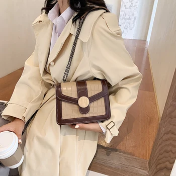 

Retro Stone Pattern Messenger Bag Women Hit Color PU Leather Purse Lady Girl Chain Small Square Shoulder Pouch