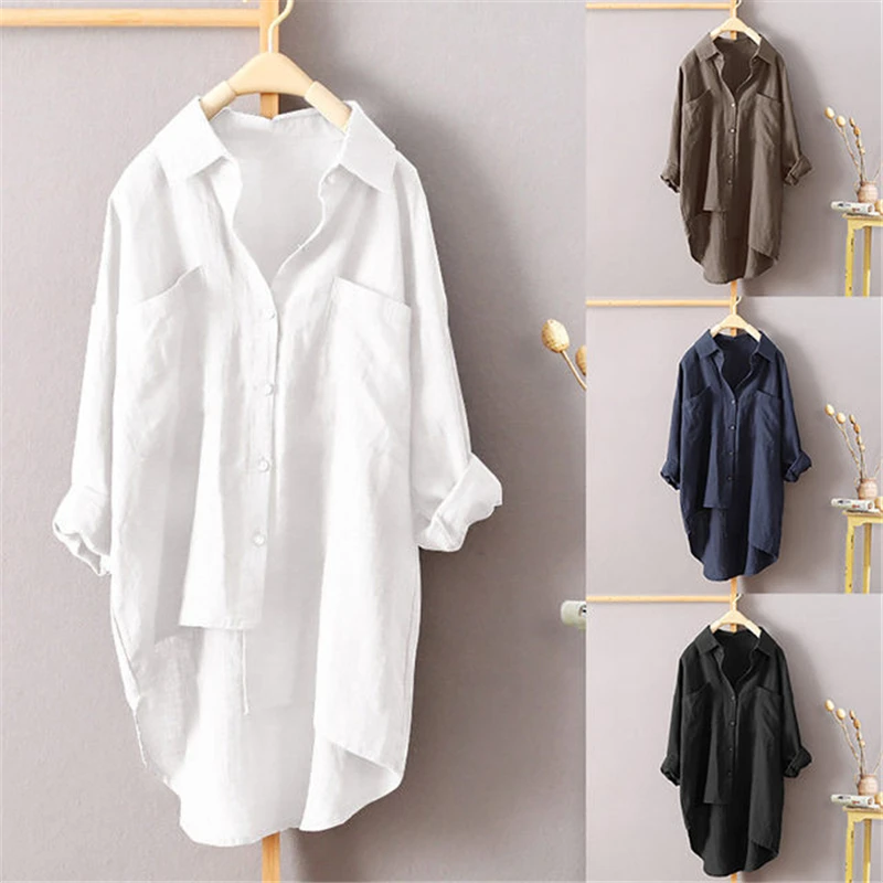 

Women Shirts Plus Size Loose Long Sleeve Spring Autumn Irregular Shirt Breathable Casual Pocket Blouse Solid Color Female Tops